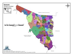 Mapa en color de los municipios de Sonora. INEGI de México