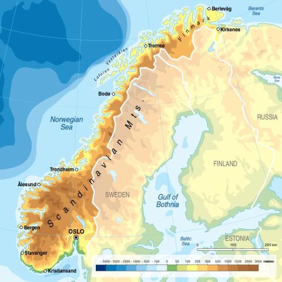 Mapa físico de Noruega. GRID-Arendal