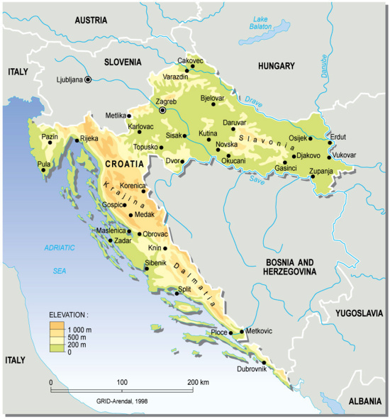 Mapa físico de Croacia. Grid-Arendal