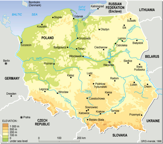 Mapa físico de Polonia. GRID-Ardenal