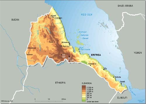 Mapa de relieve de Eritrea. Grid-Arendal