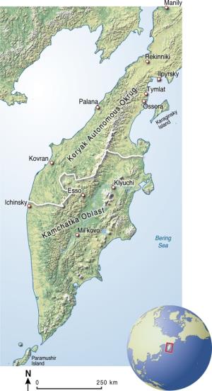 Mapa político de la península de Kamchatka. GRID-Arendal