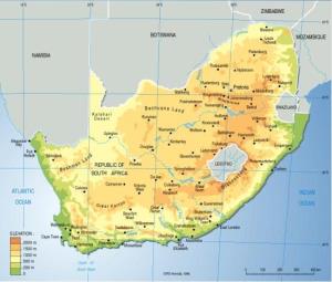 Mapa físico de Sudáfrica. Grid-Arendal