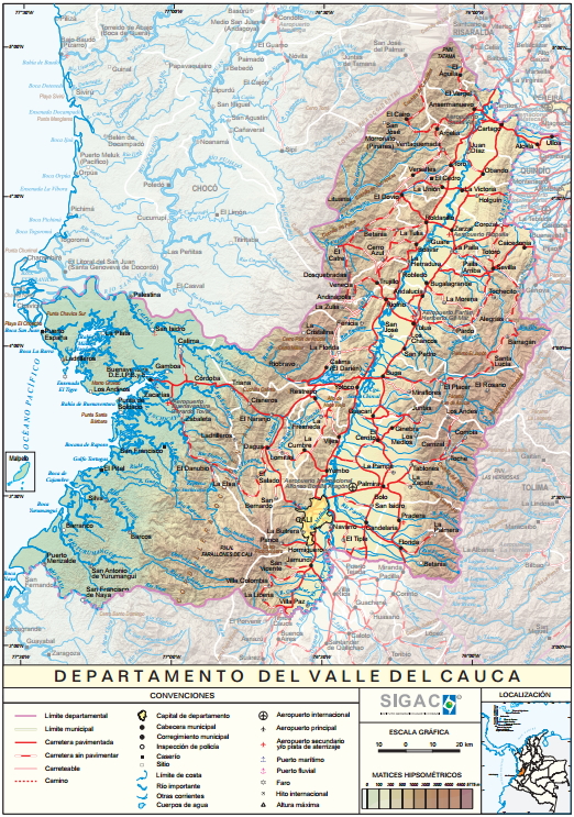Mapa físico de Valle del Cauca (Colombia). IGAC