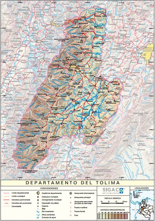 Mapa físico de Tolima (Colombia). IGAC