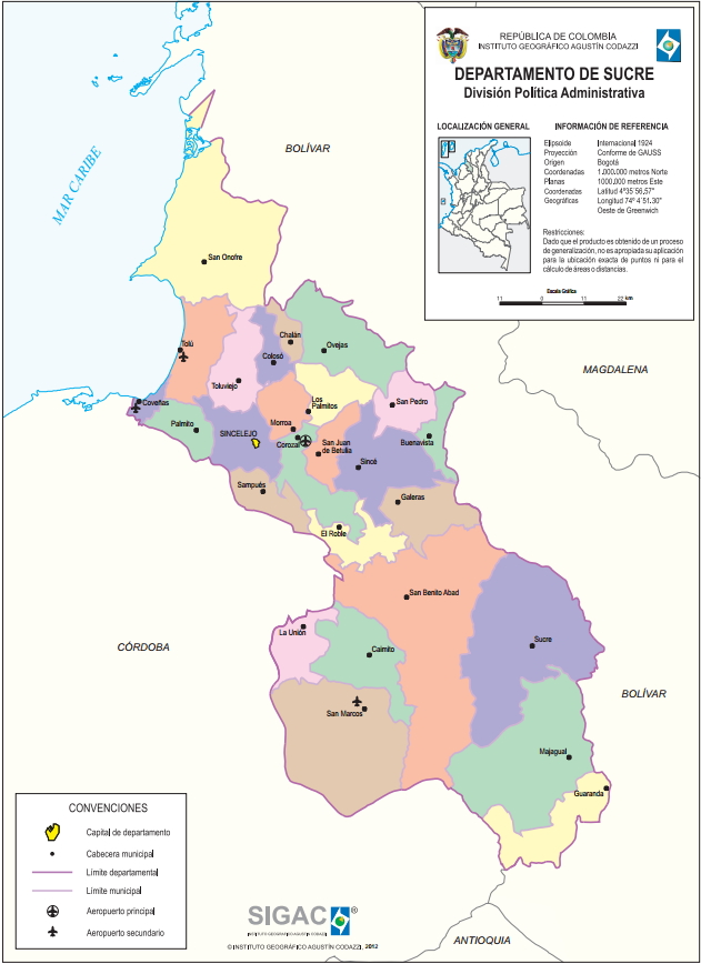 Mapa político de Sucre (Colombia). IGAC