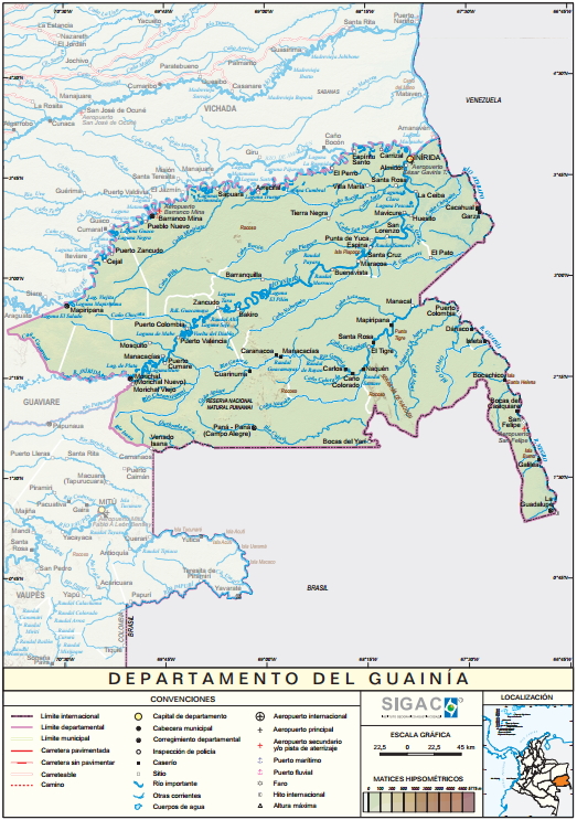 Mapa físico de Guainía (Colombia). IGAC