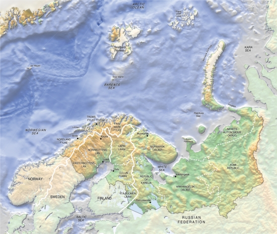 Mapa político de la región de Barents. GRID-Arendal