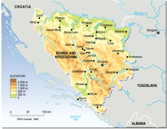Mapa de relieve de Bosnia-Herzegovina. Grid-Arendal