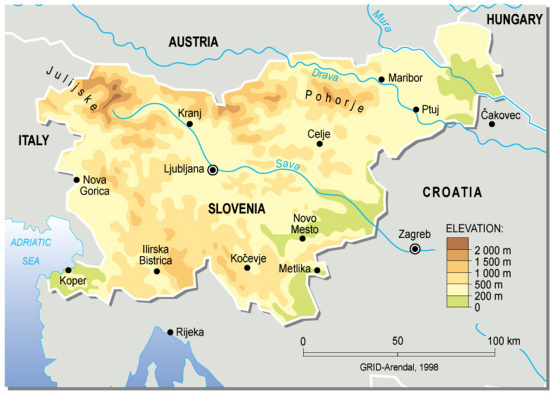 Mapa de relieve de Eslovenia. GRID-Arendal