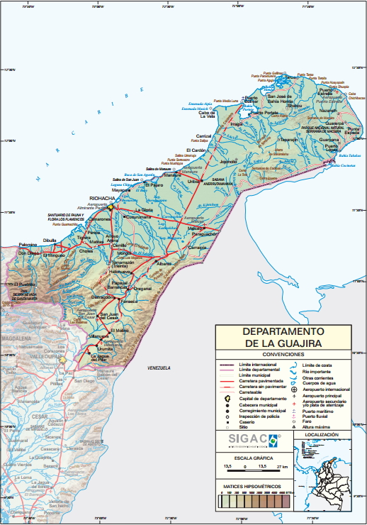 Mapa físico de La Guajira (Colombia). IGAC