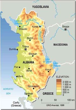 Mapa físico de Albania. GRID-Arendal