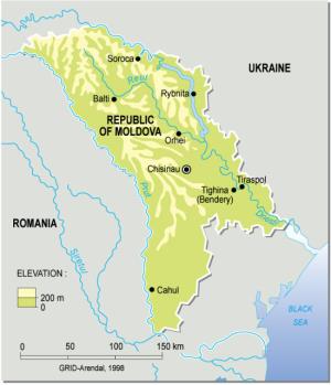 Mapa físico de la República de Moldavia. Grid-Arendal