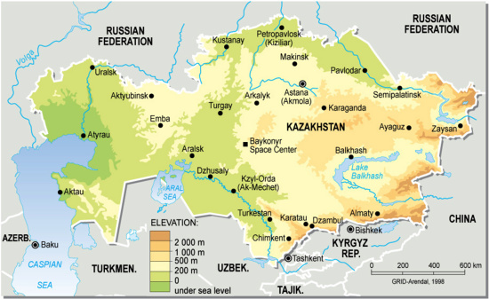 Mapa de relieve de Kazajistán. Grid-Arendal