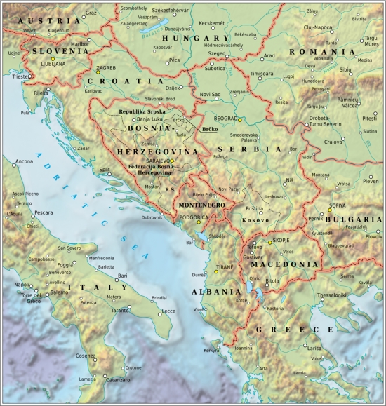 Mapa de relieve  de los Balcanes. GRID-Arendal