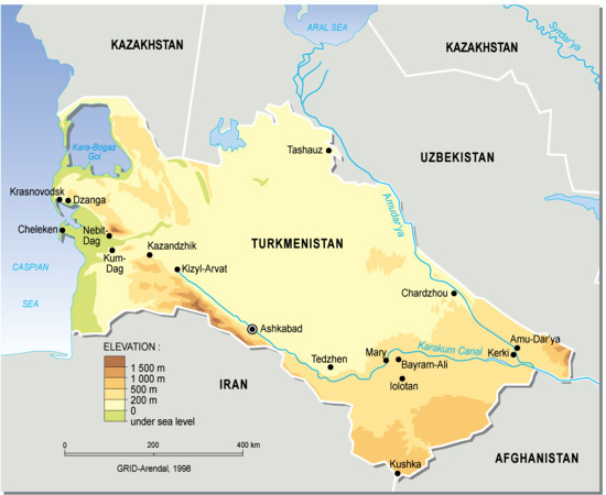 Mapa físico de Turkmenistán. GRID-Arendal