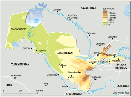Mapa físico de Uzbekistán. GRID-Arendal