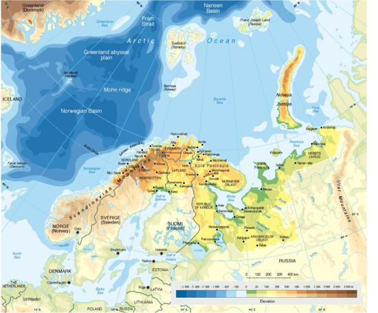 Mapa de relieve de la región de Barents. GRID-Arendal