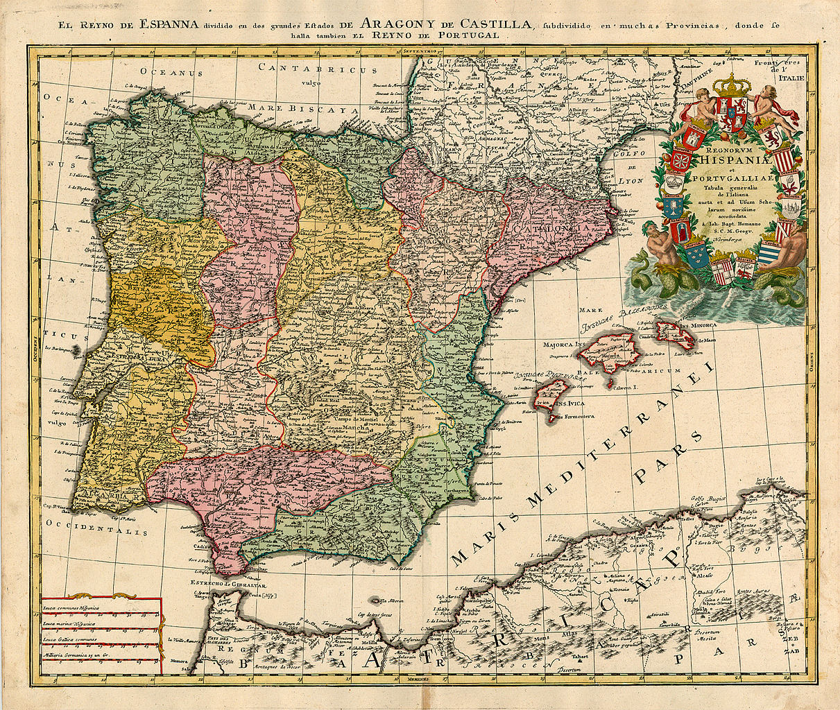 Mapa de la división de España en Reinos y territorios en 1728 (Johann Baptiste Homann)
