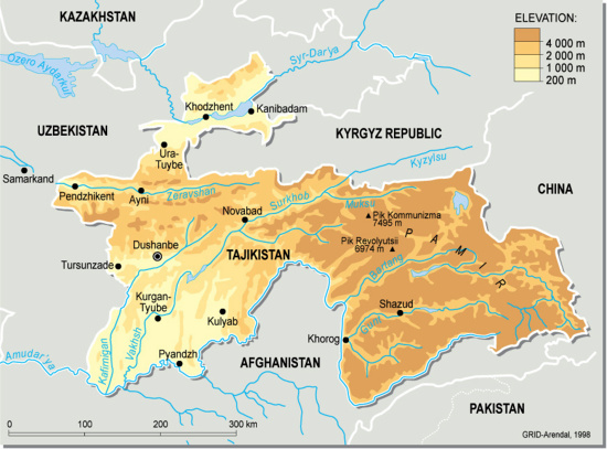 Mapa físico de la República de Tayikistán. GRID-Arendal