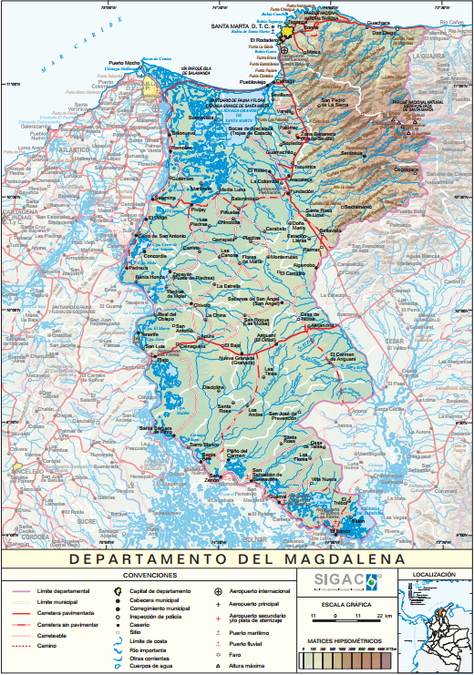 Mapa físico de Magdalena (Colombia). IGAC