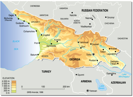 Mapa físico de Georgia. Grid-Arendal