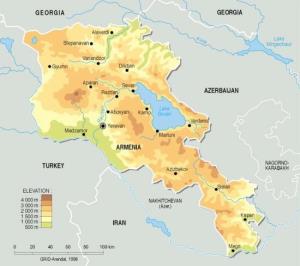 Mapa físico de Armenia. GRID-Arendal