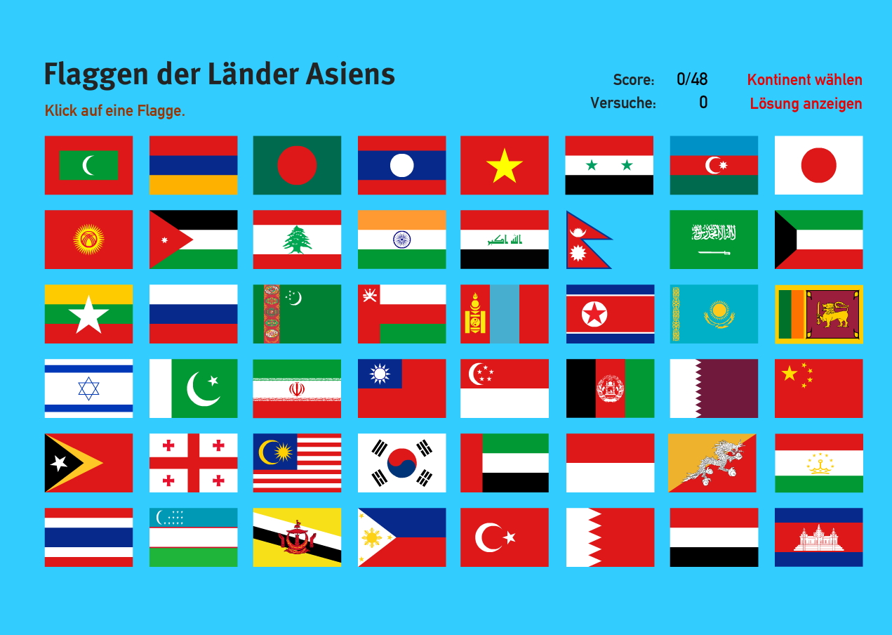 Flaggen der Länder Asiens. Welt-Quiz Geographie