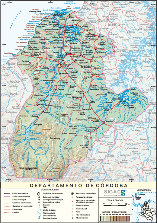 Mapa físico de Córdoba (Colombia). IGAC