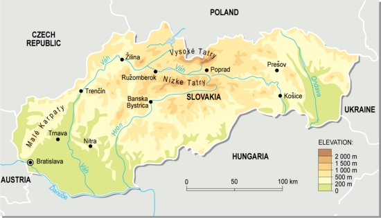 Mapa físico de Eslovaquia. GRID-Arendal