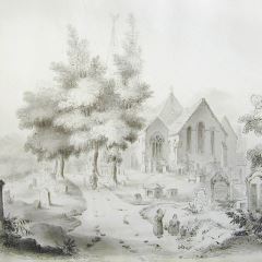 Vista de capilla y cementerio (Gales)