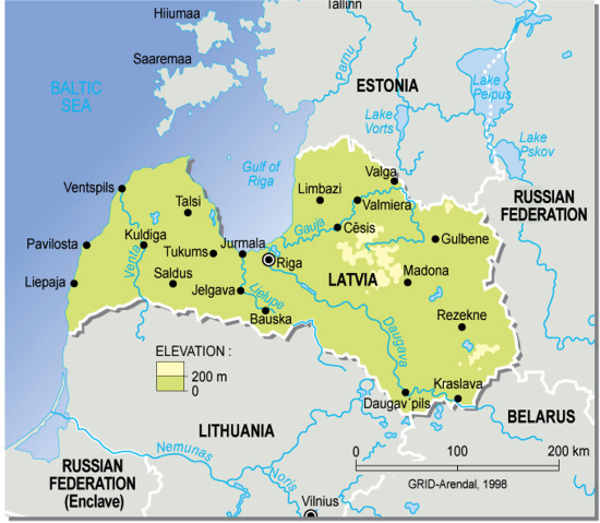 Mapa físico de Letonia. GRID-Arendal