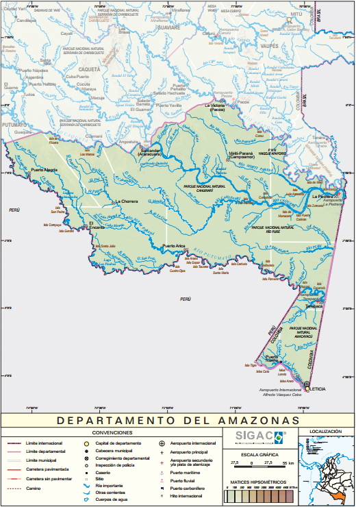 Mapa físico de Amazonas (Colombia). IGAC