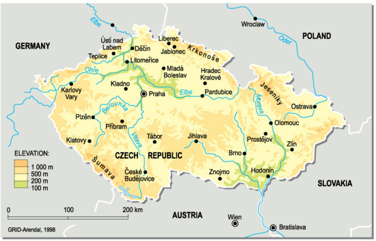 Mapa físico de la República Checa. GRID-Arendal