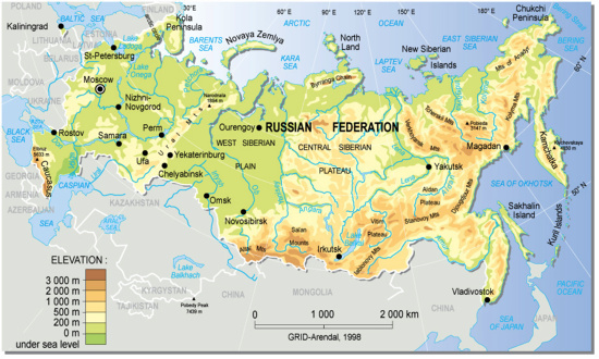 Mapa físico de Rusia. GRID-Arendal