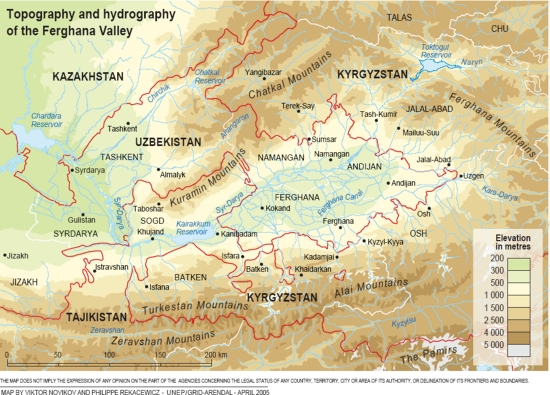 Mapa físico del Valle de Ferganá. GRID-Arendal