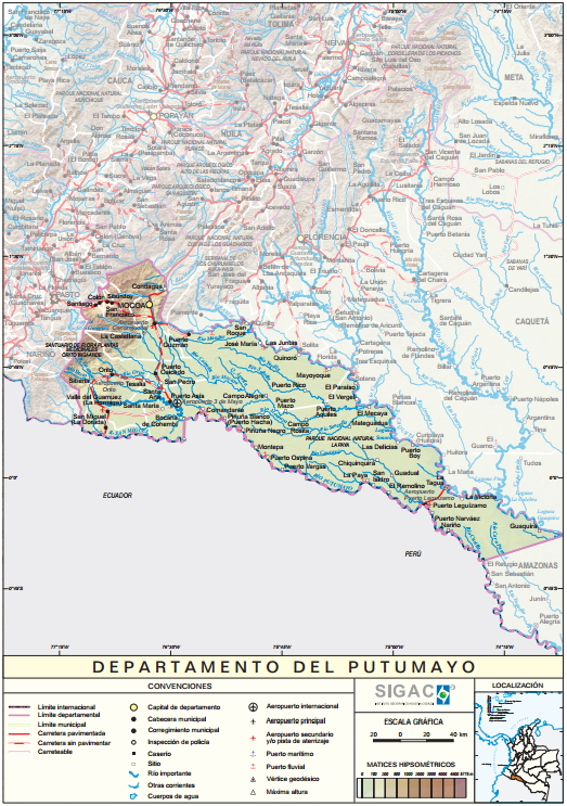 Mapa físico de Putumayo (Colombia). IGAC