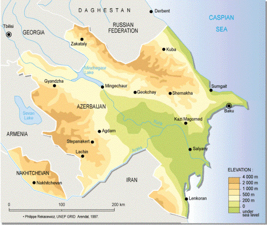 Mapa físico de Azerbaiyán. GRID-Arendal