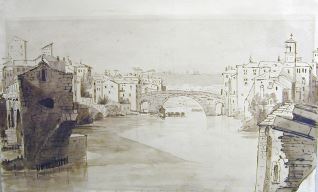 Vista de la Isla Tiberina y el Ponte Fabricio (ponte rotto) en Roma