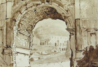 Vista del Coliseo a través del arco de Tito, Roma (Italia)