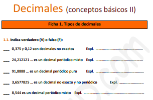 Decimales (conceptos básicos II) - Ficha de ejercicios