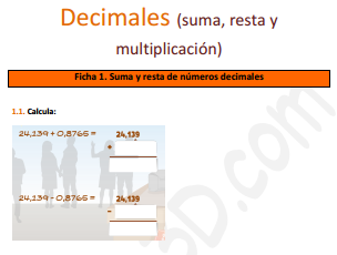 Suma, resta y multiplicación de decimales - Ficha para imprimir (educa3D)