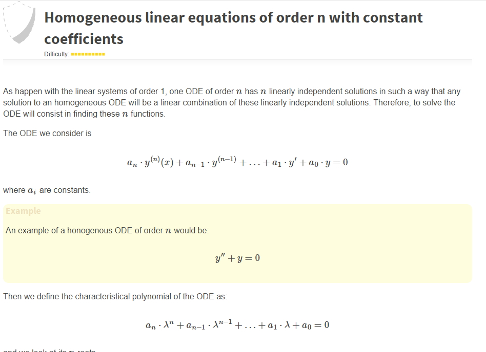 Differential equations: Homogeneous linear equations of order n with constant coefficients (sangakoo)