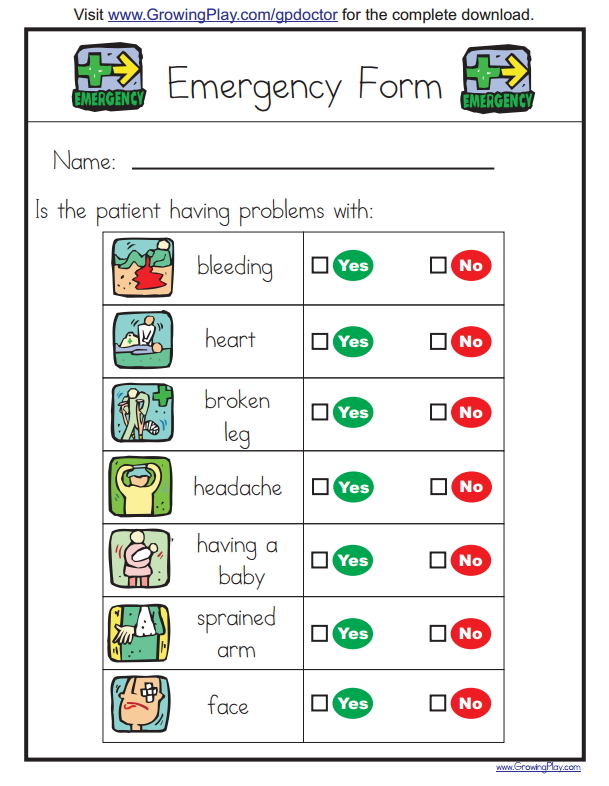 Emergency Form. Medical Emergencies Vocabulary (Growing Play)
