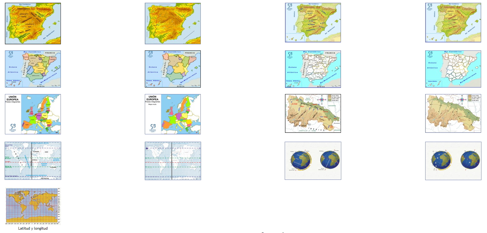 Mapas físicos y políticos para primaria: España, Unión Europea y Planisferio