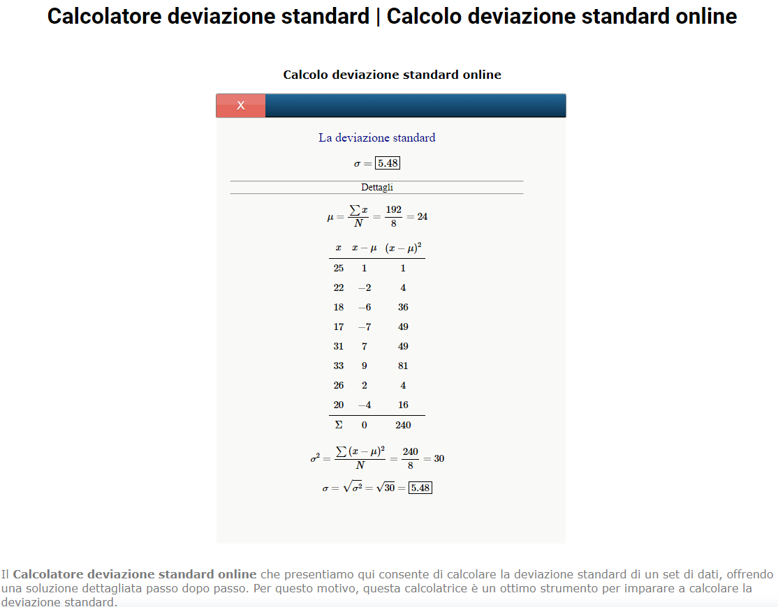 Calcolo deviazione standard online