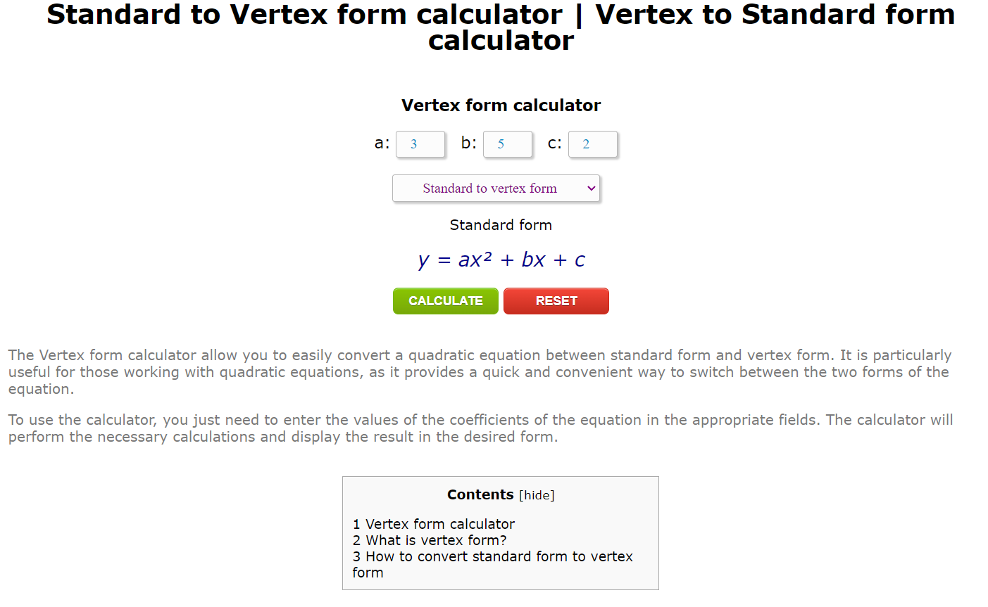 Vertex form calculator