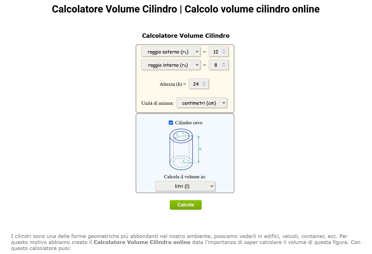 calcolare volume cilindro online