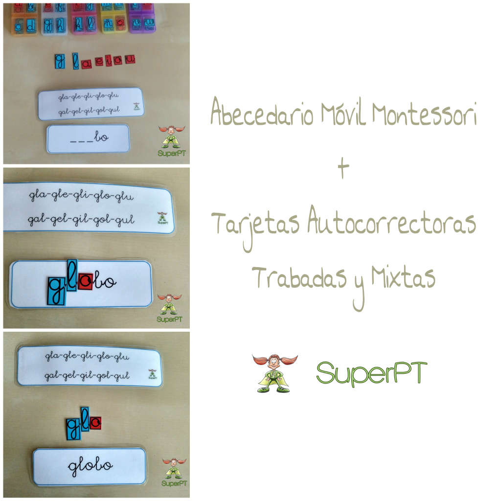 Abecedario móvil Montessori + Tarjetas autocorrectoras trabadas y mixtas (superPT)