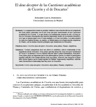 El deus deceptor de las Cuestiones académicas de Cicerón y el de Descartes. Revista de Estudios Latinos (FECYT)